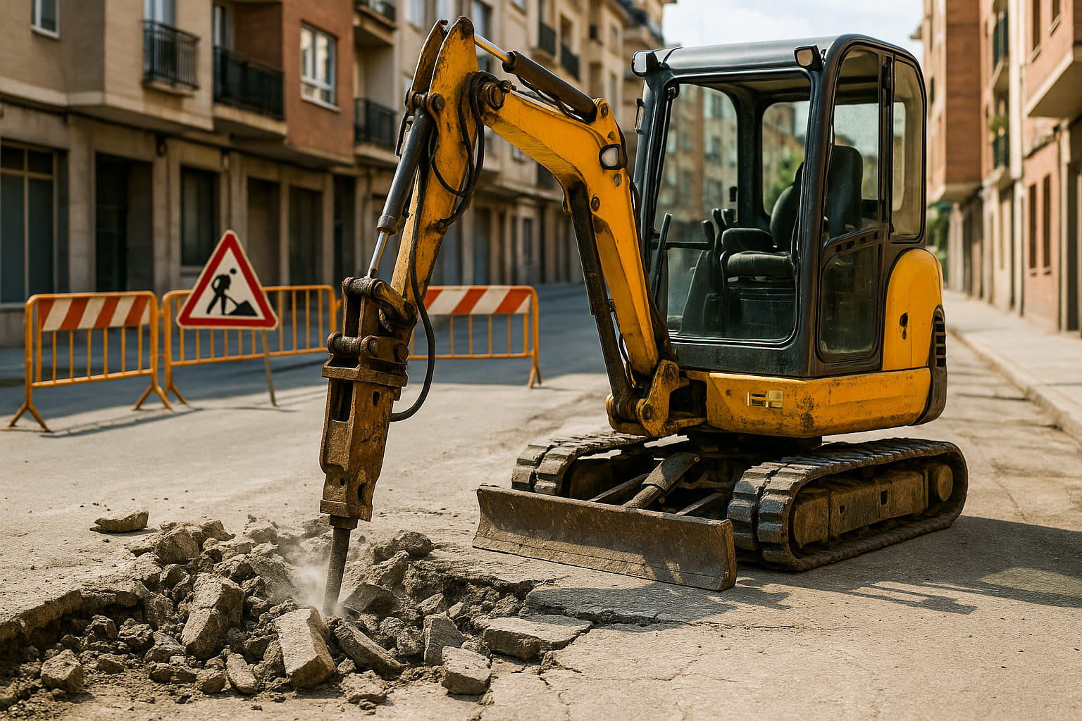 Excavadora utilizando martillo hidráulico para demoler asfalto en una calle durante una obra urbana.