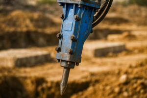 Primer plano de martillo hidráulico azul mostrando la estructura y cincel durante trabajo en obra.