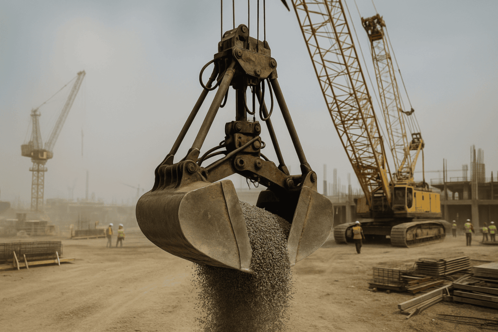 Grúa elevando cuchara bivalva llena de grava en una obra pública