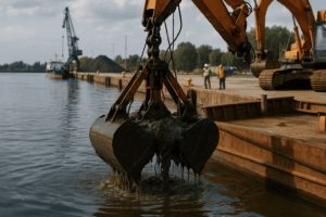 Barge-mounted clamshell grab dredging in a river port