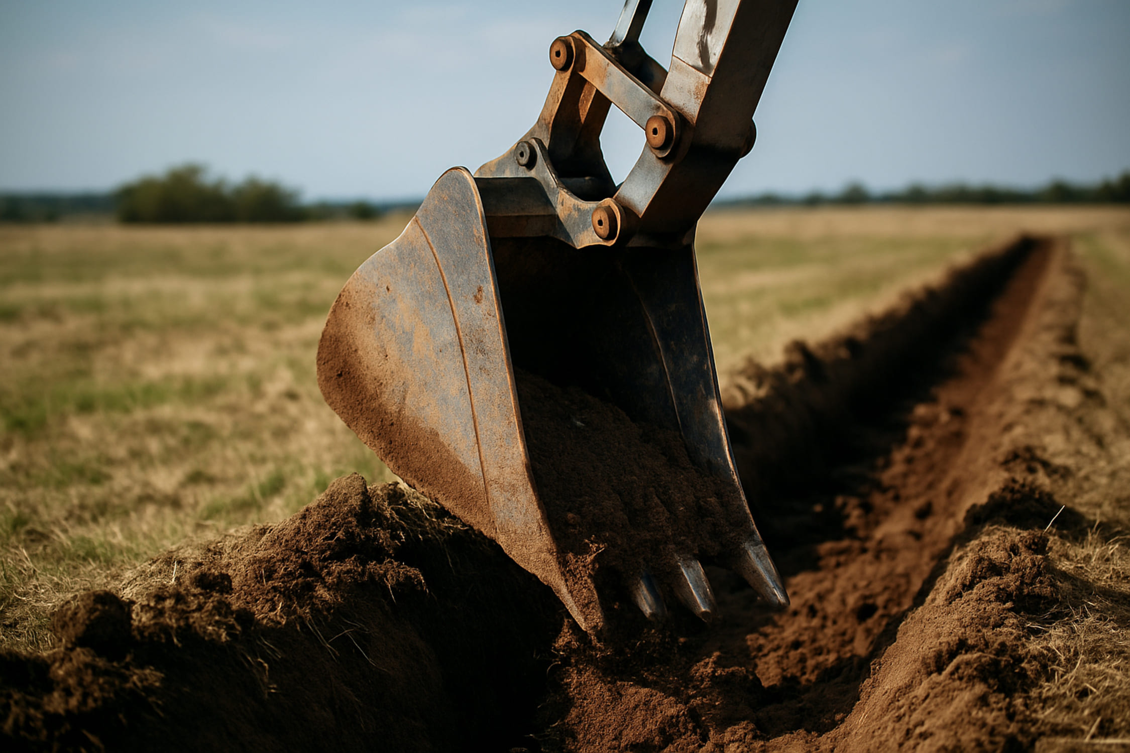 Concha trapezoidal escavando canal em campo agrícola para irrigação e drenagem