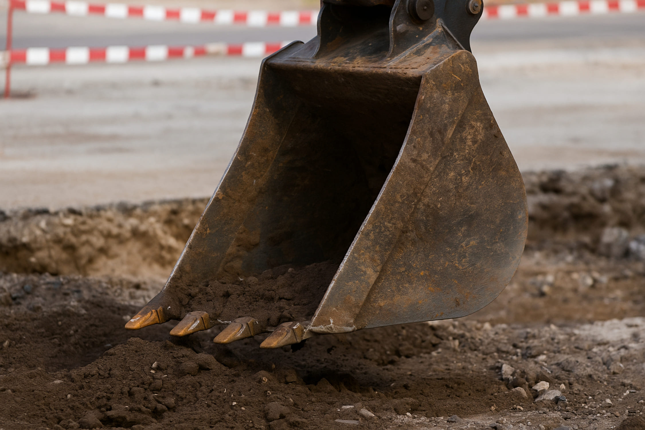Concha trapezoidal com dentes escavando terra em obras públicas para canalização e drenagem