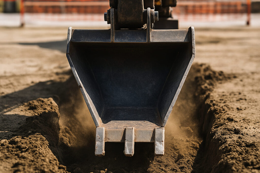 Cazo trapezoidal con forma de trapecio excavando canal en obra pública con luz natural del sol