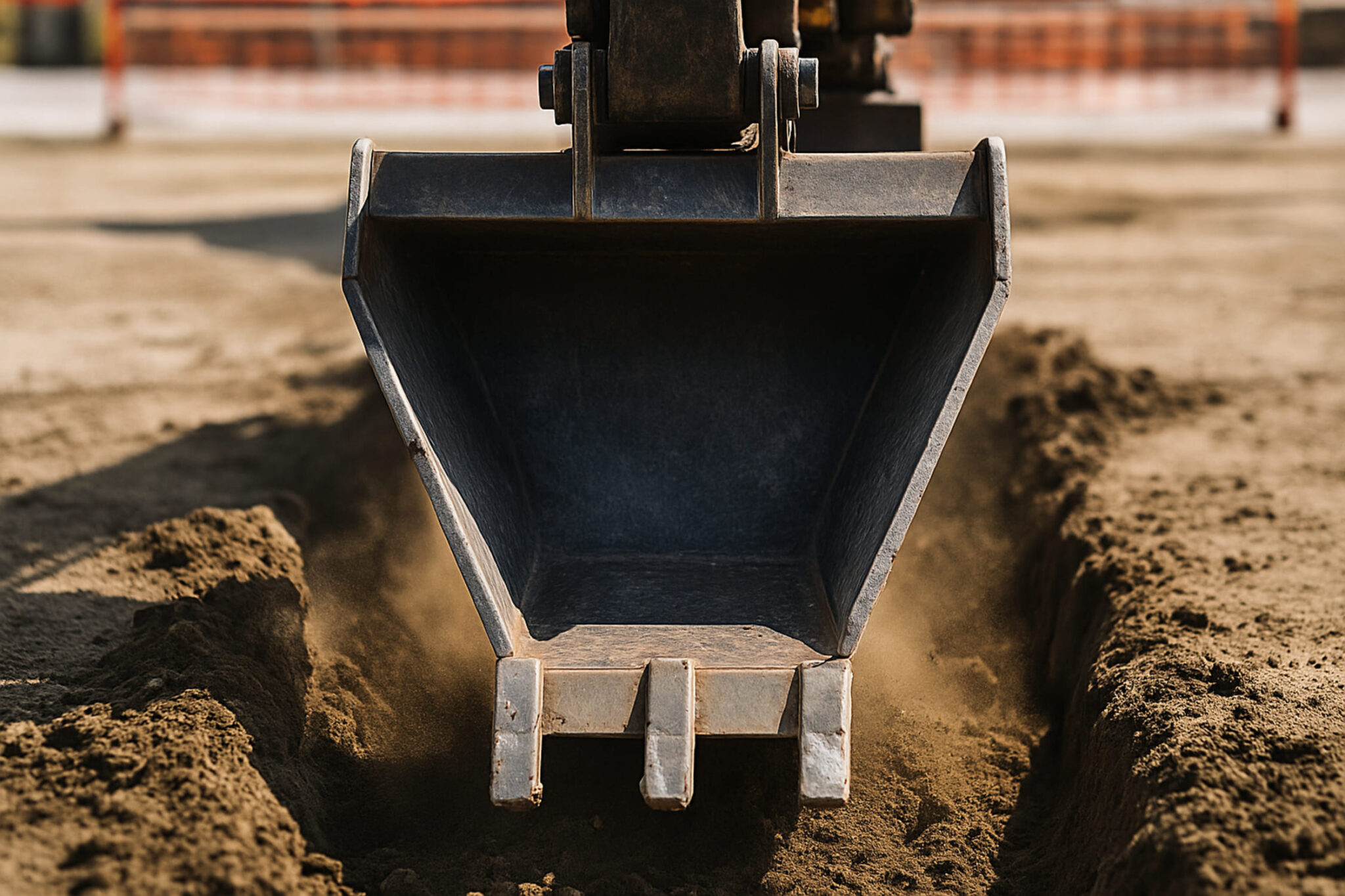 Cazo trapezoidal con forma de trapecio excavando canal en obra pública con luz natural del sol