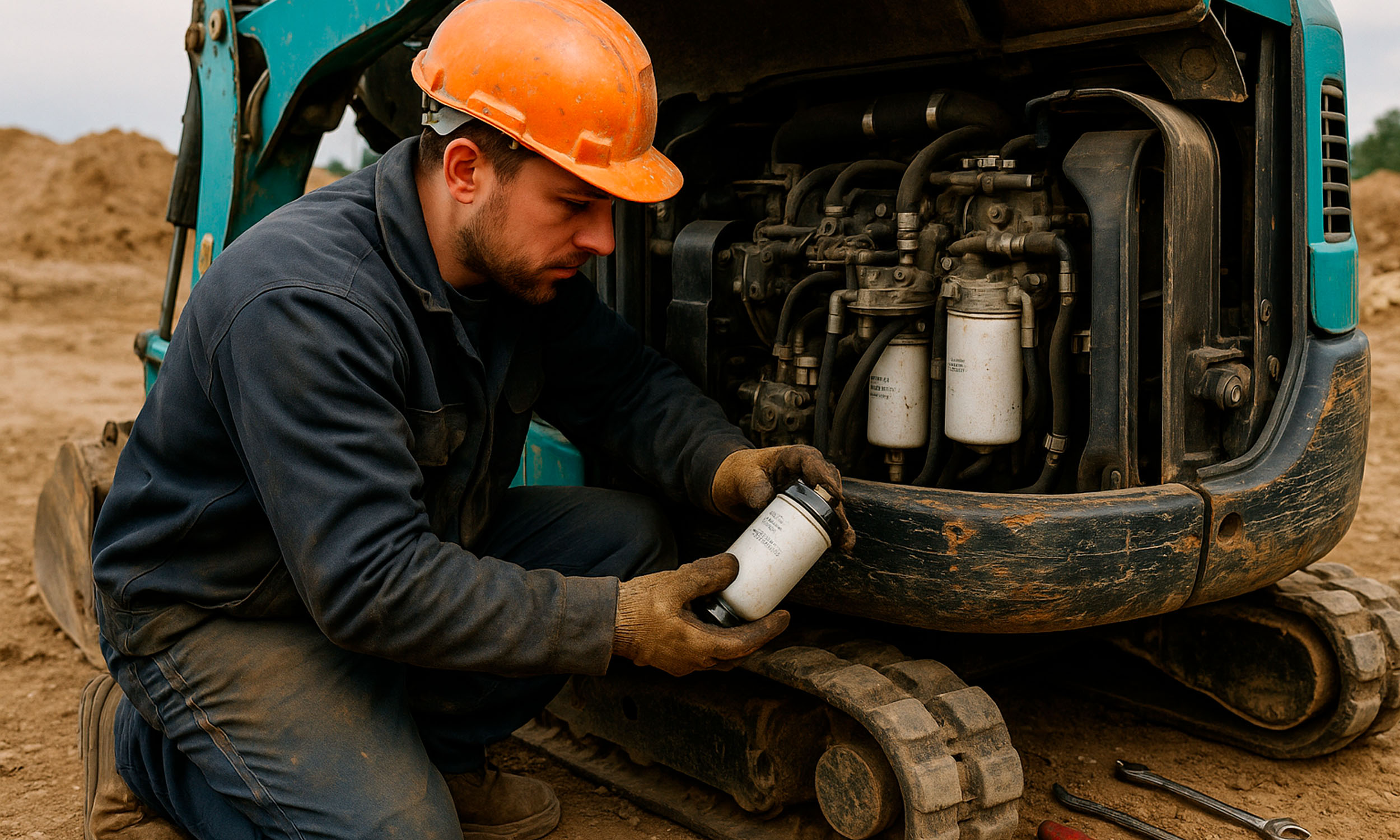 Técnico con casco y guantes cambiando filtros de motor en una miniexcavadora.Técnico con casco y guantes cambiando filtros de motor en una miniexcavadora.