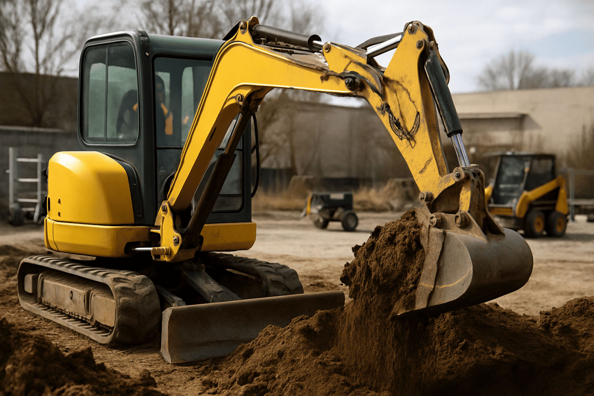 Miniexcavadora amarilla excavando tierra en obra, con orugas de goma y cuchara hidráulica en uso.