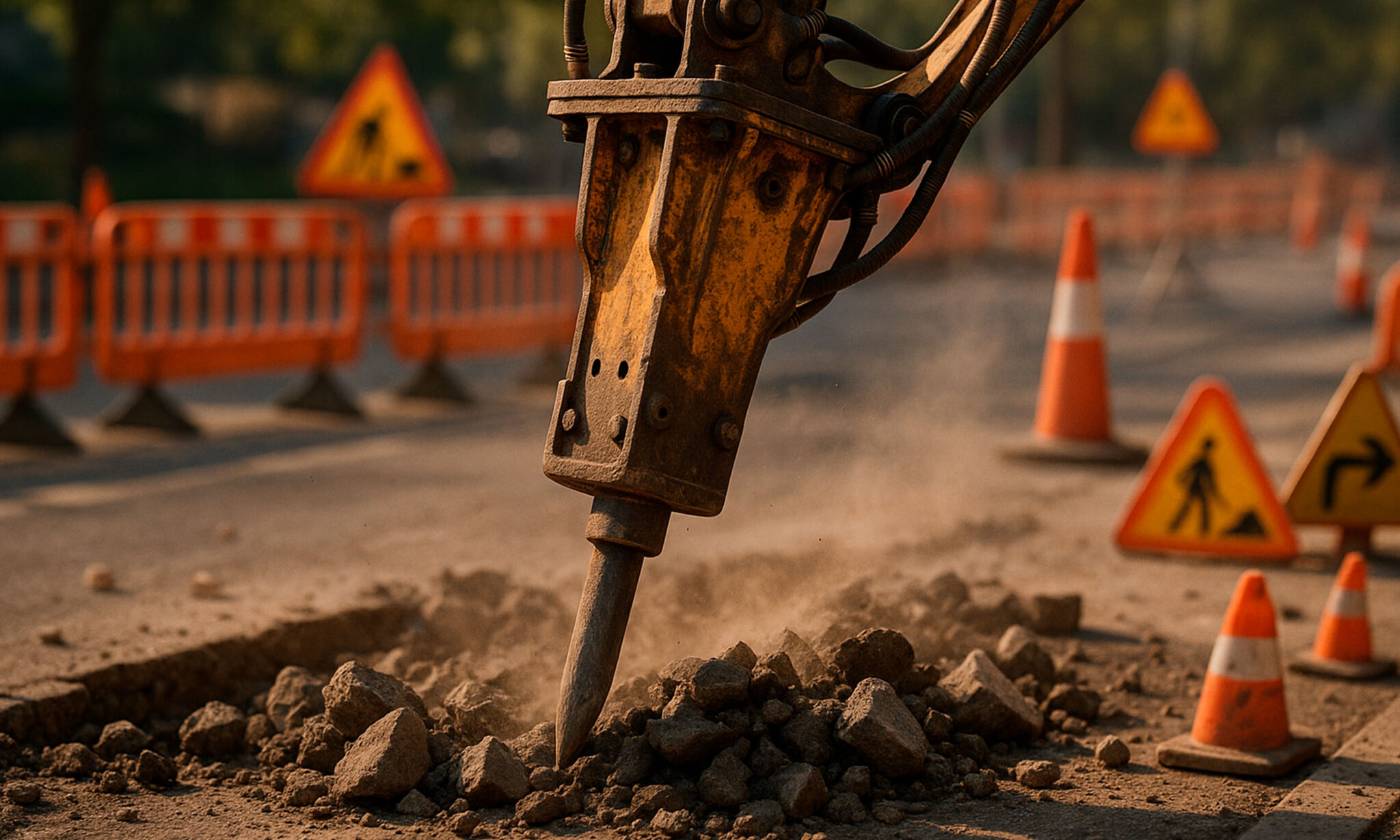 Martillo hidráulico con puntero rompiendo asfalto en una obra pública con conos y señalización vial