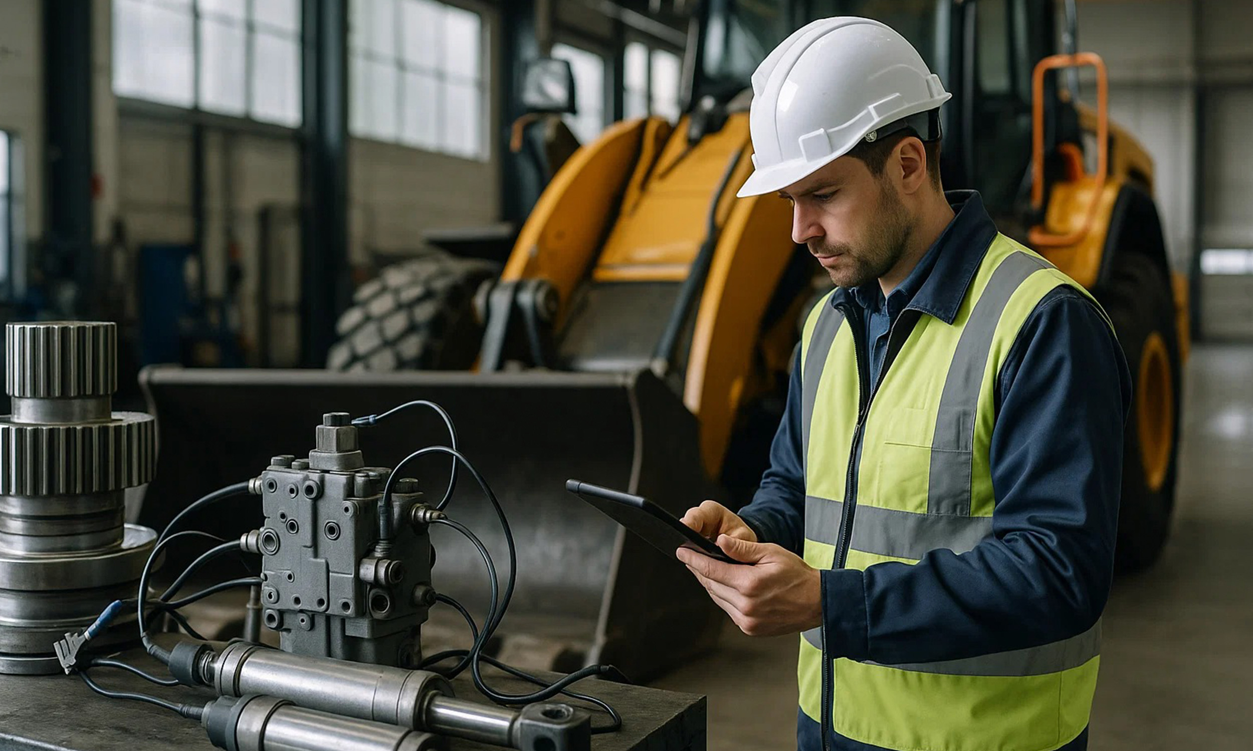 Ingeniero revisando recambios inteligentes y componentes hidráulicos con tablet en área de maquinaria pesada