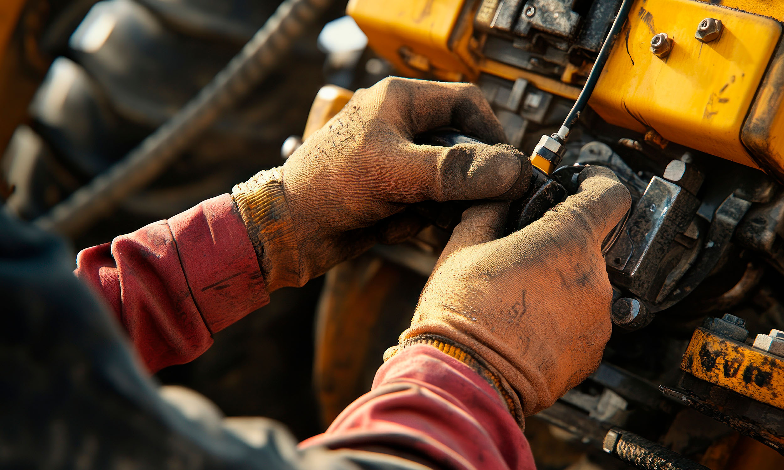 Técnico con guantes de trabajo realizando mantenimiento preventivo en maquinaria de demolición, revisando sistema hidráulico y lubricación con grasa Epiroc.