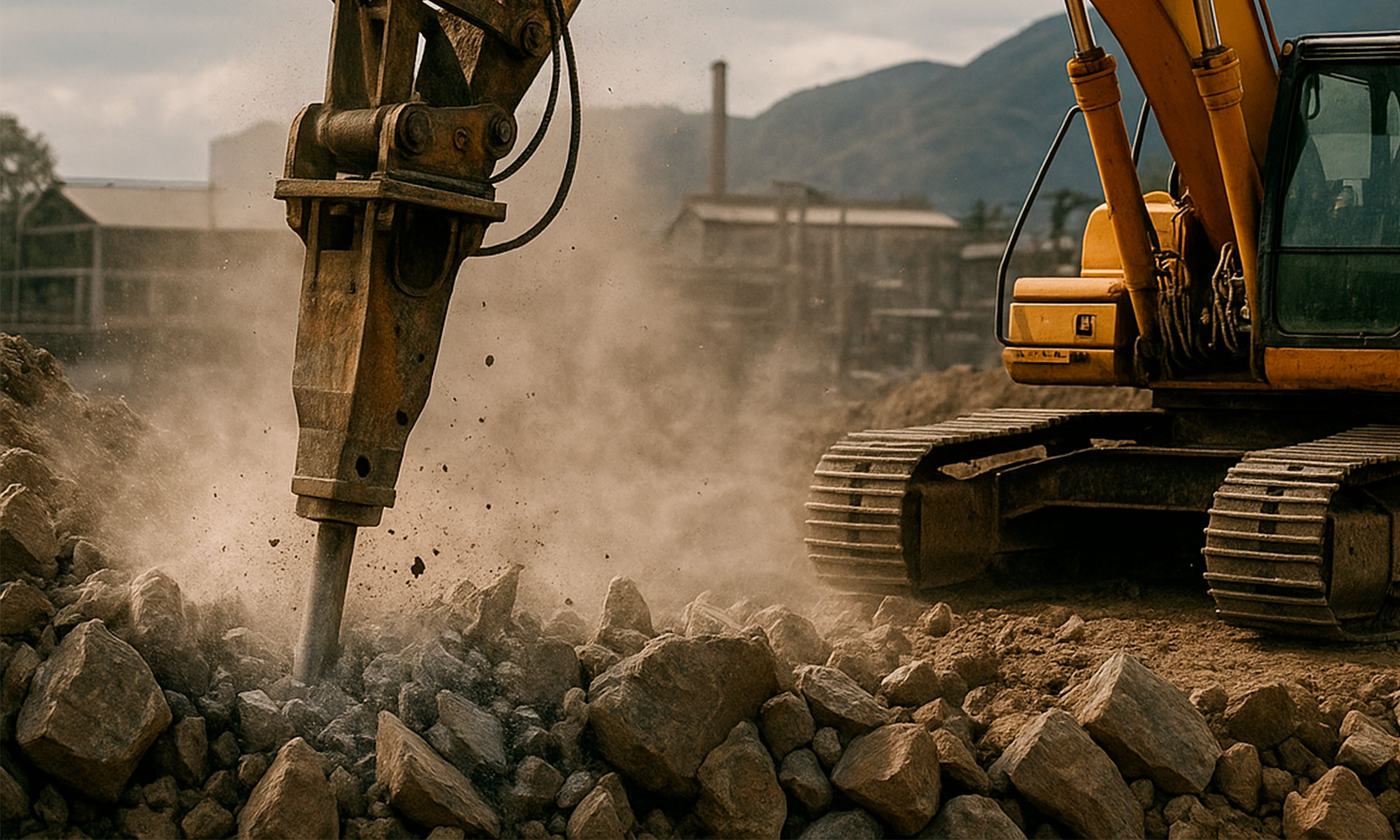 Excavadora equipada con martillo hidráulico y puntero cónico trabajando sobre roca dura en cantera. Punteros hidráulicos IMOP de alta calidad.