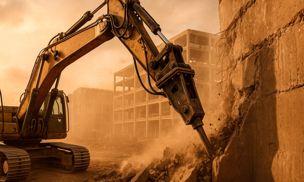 Martillo hidráulico de excavadora rompiendo muro de hormigón en obra de demolición, representando el mantenimiento de maquinaria pesada.