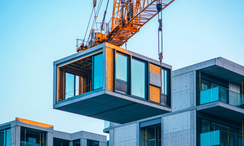 Grúa elevando un módulo prefabricado para el montaje de una construcción modular.