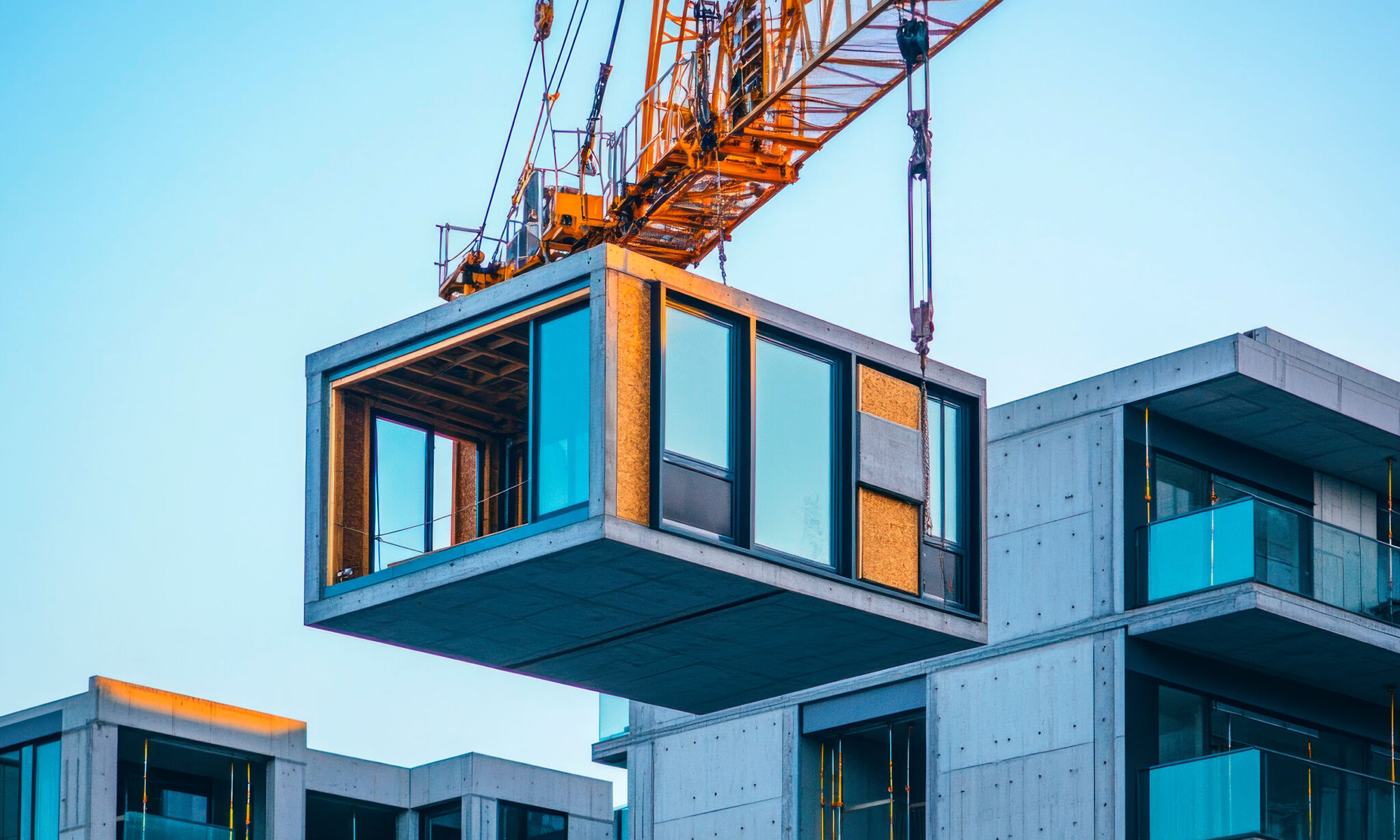 Grúa elevando un módulo prefabricado para el montaje de una construcción modular.
