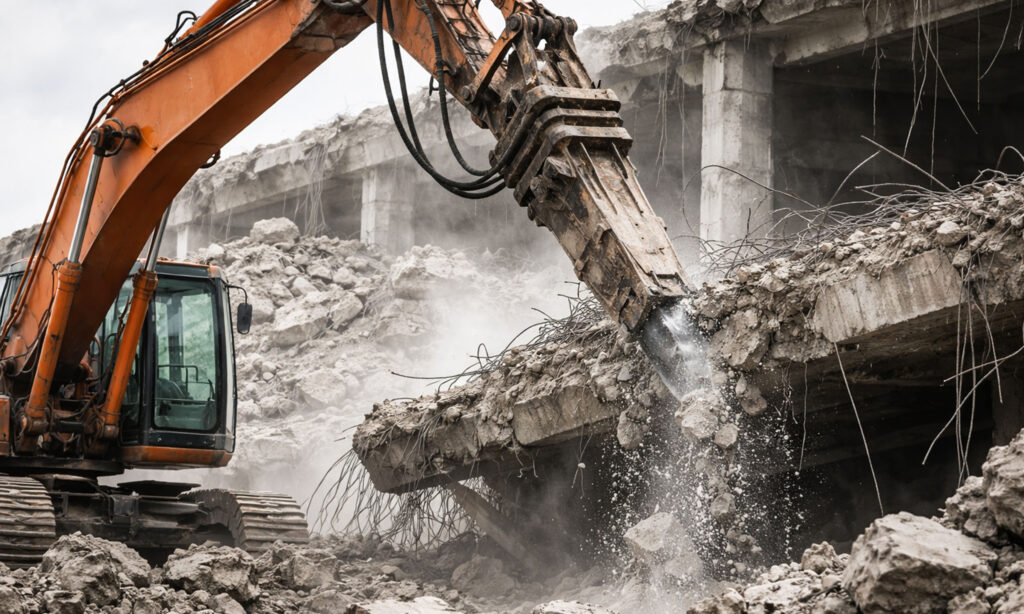 maquinaria pesada para demolición con excavadora y martillo hidráulico
