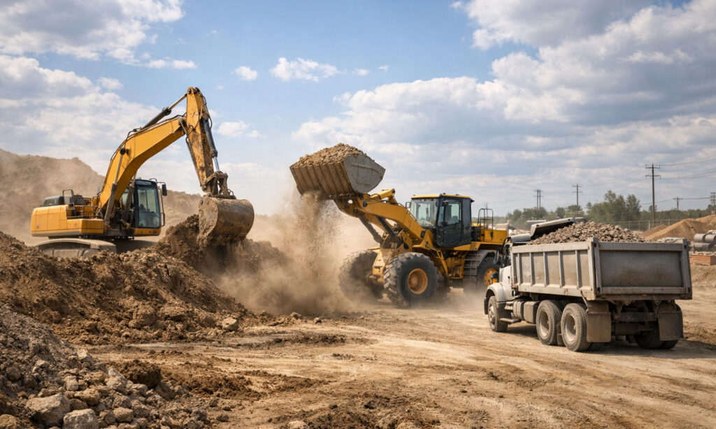 maquinaria de carga y descarga con camión volquete y pala cargadora