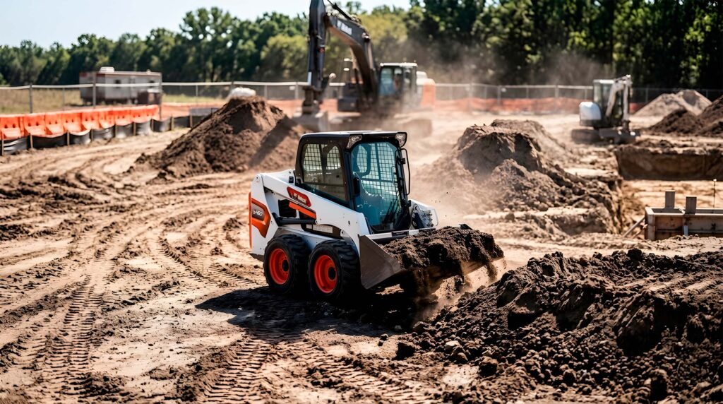 Minicargadora cargando tierra en una obra de construcción durante trabajos de movimiento de tierras con maquinaria compacta.